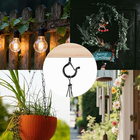 24 PCS Q-Shaped Hanger Hooks with Safety Buckle, Windproof Screw Hooks for Hanging Outdoor String Lights, Plants, Christmas Patio Lights, 2.2 Inches with Wind Socket (Black) in Kuwait