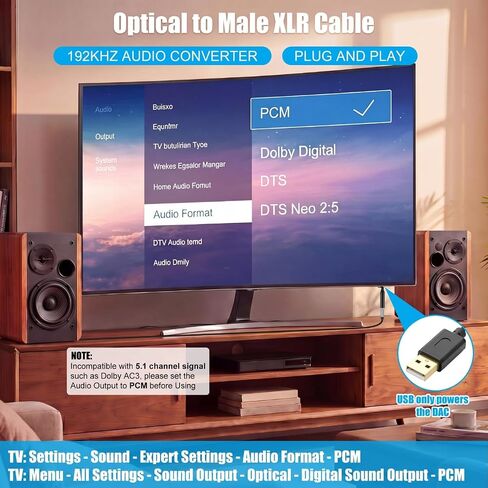Sabary 192KHz DAC Optical to XLR Converter, 3.3 Ft Optical Cable to Unbalanced Male XLR Audio Cord Adapter, Digital to Analog Audio Converter for HDTV, DVD, Set-Top Boxes in Kuwait