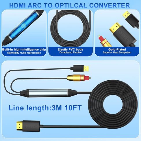 محول HDMI ARC إلى محول بصري للتلفزيون، محول صوت 10FT/3M ARC إلى TOSLINK SPDIF لمكبرات الصوت وجهاز الاستقبال، يدعم Dolby Digital DTS 5.1 LPCM 2.0، يعمل بمنفذ USB، لا يوجد eARC ولا CEC in Kuwait