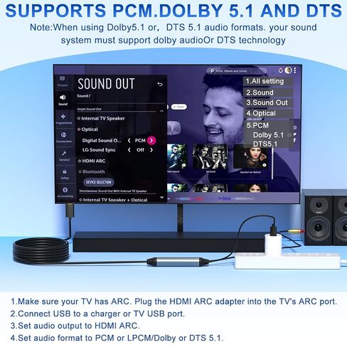 محول HDMI ARC إلى محول بصري للتلفزيون، محول صوت 10FT/3M ARC إلى TOSLINK SPDIF لمكبرات الصوت وجهاز الاستقبال، يدعم Dolby Digital DTS 5.1 LPCM 2.0، يعمل بمنفذ USB، لا يوجد eARC ولا CEC in Kuwait