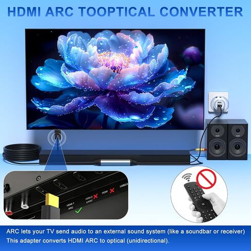 محول HDMI ARC إلى محول بصري للتلفزيون، محول صوت 10FT/3M ARC إلى TOSLINK SPDIF لمكبرات الصوت وجهاز الاستقبال، يدعم Dolby Digital DTS 5.1 LPCM 2.0، يعمل بمنفذ USB، لا يوجد eARC ولا CEC in Kuwait