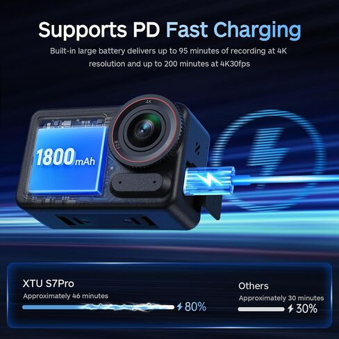 كاميرا الحركة XTU S7 PRO 4K 50FPS - تثبيت فائق 5.0، AI ISP، إطلاق مغناطيسي سريع، مستشعر 1/2 بوصة بدقة 48 ميجابكسل، WiFi 6، قفل أفقي 360 درجة كاميرا رياضية مزدوجة الشاشة للدراجات النارية، مدونة الفيديو، السفر in Kuwait