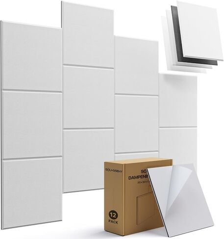 Soundsbay Mass Loaded Vinyl، لوحات حائط عازلة للصوت ذاتية اللصق، 12 حزمة مربعة من الفينيل عازل للصوت، 12 بوصة × 12 بوصة لوحات عازلة للصوت للجدران، المكتب المنزلي، استوديو التسجيل باللون الأبيض in Kuwait