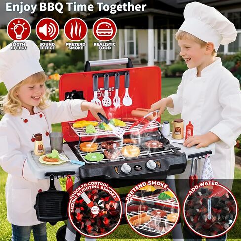 Kids Play Kitchen Toys, Kids BBQ Grill Playset with Smoke Sound Light, 2-Layer Barbecue Toy with Wheel, Outdoor Play Grill Toys for Toddlers 3-5, Play Food Toys Cooking Set, Birthday Gift for Boy Girl in Saudi Arabia