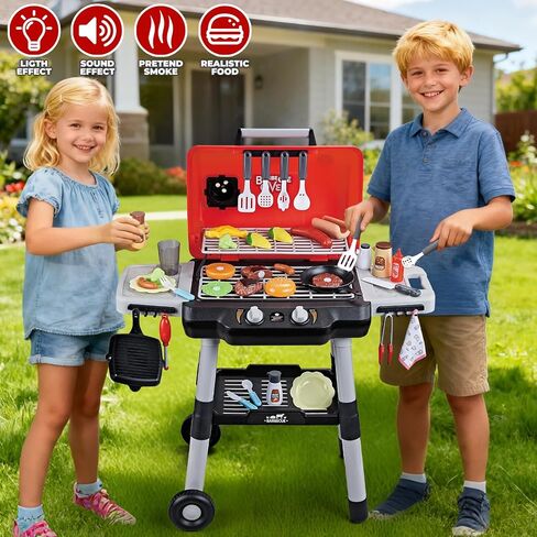 Kids Play Kitchen Toys, Kids BBQ Grill Playset with Smoke Sound Light, 2-Layer Barbecue Toy with Wheel, Outdoor Play Grill Toys for Toddlers 3-5, Play Food Toys Cooking Set, Birthday Gift for Boy Girl in Saudi Arabia