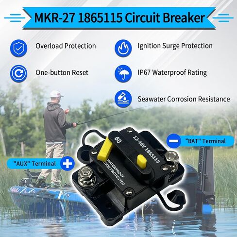 MKR-27 1865115 60Amp Circuit Breaker & MKR-28 1865120 قابس محرك الصيد ووعاء مع 8 سلك AWG لـ 12V/24V/ 36V/48V Minn Kota Trolling Motors المياه العذبة والمياه المالحة in Kuwait