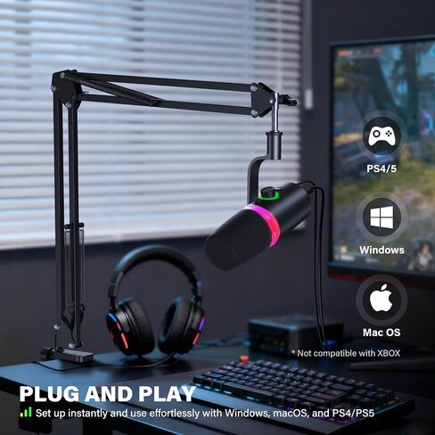 USB Gaming Microphone Set with Boom Arm, XLR/USB Dynamic Microphone for Streaming, Podcast, Twitch, YouTube, Discord, PC, PS4, PS5, Mac, USB Mic with RGB Light, Mute, Gain, Monitoring in Kuwait