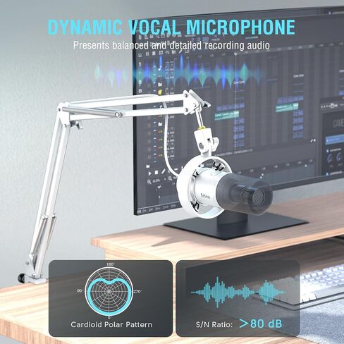 ميكروفون ديناميكي FIFINE XLR مع مجموعة ذراع بوم للصوت والتسجيل وحزمة ميكروفون استوديو بودكاست مع حامل ذراع معدني، اضغط لكتم الصوت، مقبس سماعة رأس 3.5 مم للبث، وإنشاء الموسيقى (K688W+CS1W) in Kuwait