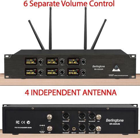 نظام ميكروفون لاسلكي احترافي ذو 6 قنوات UHF، ميكروفونات ديناميكية محمولة معدنية لاسلكية، مثالية للكاريوكي، والكنيسة، والغناء، والدي جي، نطاق 262 قدم (BR-660UM) in Kuwait