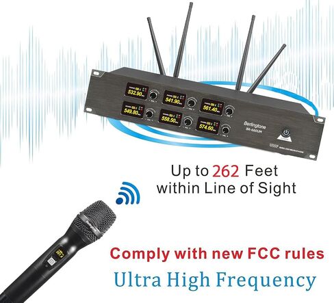 نظام ميكروفون لاسلكي احترافي ذو 6 قنوات UHF، ميكروفونات ديناميكية محمولة معدنية لاسلكية، مثالية للكاريوكي، والكنيسة، والغناء، والدي جي، نطاق 262 قدم (BR-660UM) in Kuwait