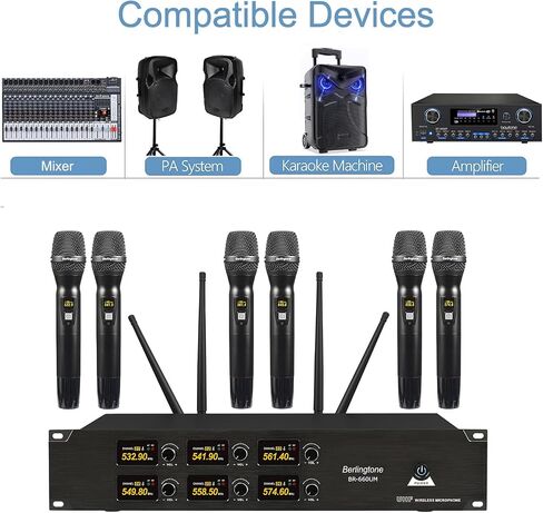 نظام ميكروفون لاسلكي احترافي ذو 6 قنوات UHF، ميكروفونات ديناميكية محمولة معدنية لاسلكية، مثالية للكاريوكي، والكنيسة، والغناء، والدي جي، نطاق 262 قدم (BR-660UM) in Kuwait