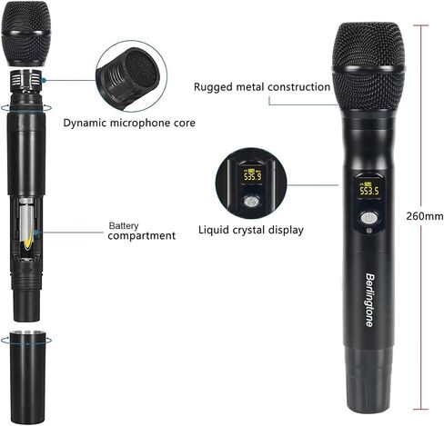 نظام ميكروفون لاسلكي احترافي ذو 6 قنوات UHF، ميكروفونات ديناميكية محمولة معدنية لاسلكية، مثالية للكاريوكي، والكنيسة، والغناء، والدي جي، نطاق 262 قدم (BR-660UM) in Kuwait