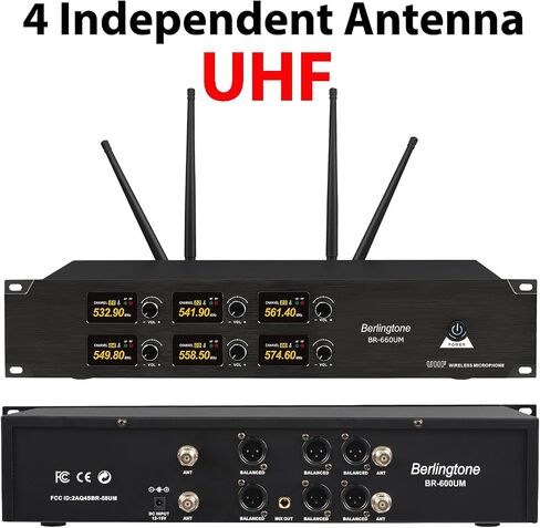 نظام ميكروفون لاسلكي احترافي ذو 6 قنوات UHF، ميكروفونات ديناميكية محمولة معدنية لاسلكية، مثالية للكاريوكي، والكنيسة، والغناء، والدي جي، نطاق 262 قدم (BR-660UM) in Kuwait