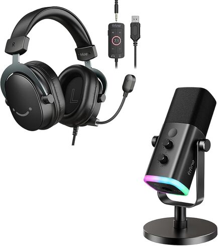 سماعة ألعاب FIFINE وحزمة ميكروفون ديناميكي XLR، مجموعة سماعات USB مع صوت محيطي 7.1 لجهاز PS5/PS4، ميكروفون تسجيل بودكاست مع RGB، زر كتم الصوت، مقبس سماعات الرأس لليوتيوب الصوتي (H9+AM8) in Kuwait