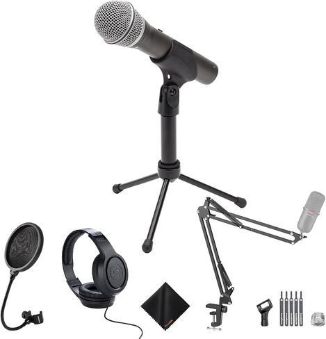 ميكروفون ديناميكي متصل USB/XLR من SAMSON مع ملحقات - فلتر البوب ​​لميكروفون Gooseneck PS04، سماعة رأس ستيريو فوق الأذن SR350، حامل ميكروفون بذراع ذراع وقطعة قماش للتنظيف - طقم حزمة in Kuwait