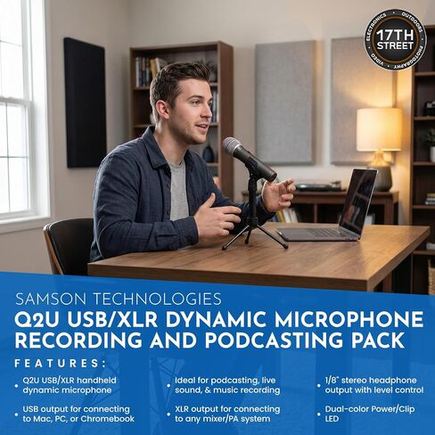 ميكروفون ديناميكي متصل USB/XLR من SAMSON مع ملحقات - فلتر البوب ​​لميكروفون Gooseneck PS04، سماعة رأس ستيريو فوق الأذن SR350، حامل ميكروفون بذراع ذراع وقطعة قماش للتنظيف - طقم حزمة in Kuwait