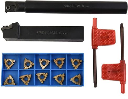 2-Piece CNC Lathe Threading Tool Holder Set with 10 Carbide Inserts, 5/8 and 1/2 Inch Boring Bars for Internal Turning, Includes SER1616H16 and SNR0013M16 Holders plus Wrenches for Metalworking in Saudi Arabia