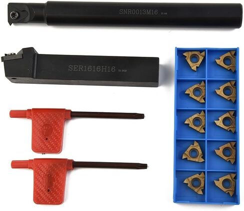 2-Piece CNC Lathe Threading Tool Holder Set with 10 Carbide Inserts, 5/8 and 1/2 Inch Boring Bars for Internal Turning, Includes SER1616H16 and SNR0013M16 Holders plus Wrenches for Metalworking in Saudi Arabia