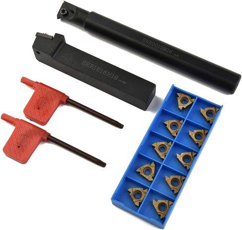 2-Piece CNC Lathe Threading Tool Holder Set with 10 Carbide Inserts, 5/8 and 1/2 Inch Boring Bars for Internal Turning, Includes SER1616H16 and SNR0013M16 Holders plus Wrenches for Metalworking in Saudi Arabia