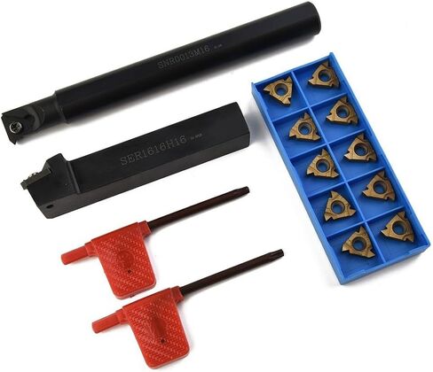 2-Piece CNC Lathe Threading Tool Holder Set with 10 Carbide Inserts, 5/8 and 1/2 Inch Boring Bars for Internal Turning, Includes SER1616H16 and SNR0013M16 Holders plus Wrenches for Metalworking in Saudi Arabia