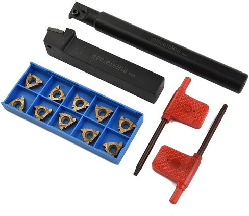 2-Piece CNC Lathe Threading Tool Holder Set with 10 Carbide Inserts, 5/8 and 1/2 Inch Boring Bars for Internal Turning, Includes SER1616H16 and SNR0013M16 Holders plus Wrenches for Metalworking in Saudi Arabia