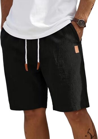 Men's Linen Cotton Beach Shorts Drawstring Elastic Casual Shorts in Kuwait