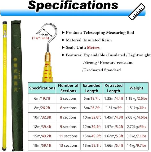 Non-Conductive High Voltage Survey Rods, 65 ft (20 m) Measuring Pole, Multicolor Yellow, Ideal for Electricians and Safety Professionals, Lightweight and Durable in Kuwait