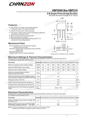 (Pack of 20 Pieces) Chanzon KBP210 Bridge Rectifier Diode 2A 1000V KBP-4 (SIP-4) Single Phase, Full Wave 2 Amp 1000 Volt Electronic Silicon Diodes in Saudi Arabia