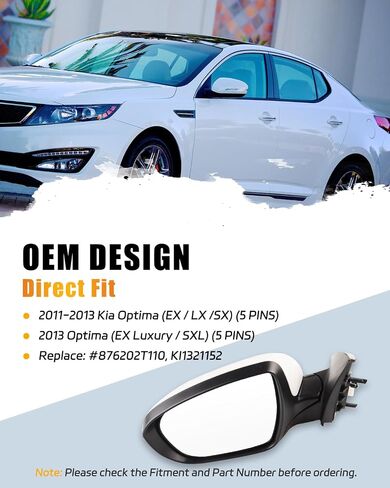 مرآة جانبية للراكب الأيمن لـ 2011-2013 Ki-a Optima SX/LX/EX (5 دبابيس)، زجاج طاقة أسود قابل للطي يدويًا غير ساخن، ضوء إشارة الانعطاف أوبتيما، KI1321152 87620-2T110 in Kuwait