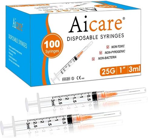 100 Pack 3ml Lab Syringes with 25Ga 1 Inch Needle Luer Lock, Individually Sealed Packed in Saudi Arabia