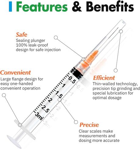 100 Pack 3ml Lab Syringes with 25Ga 1 Inch Needle Luer Lock, Individually Sealed Packed in Saudi Arabia