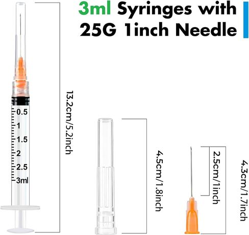 100 Pack 3ml Lab Syringes with 25Ga 1 Inch Needle Luer Lock, Individually Sealed Packed in Saudi Arabia