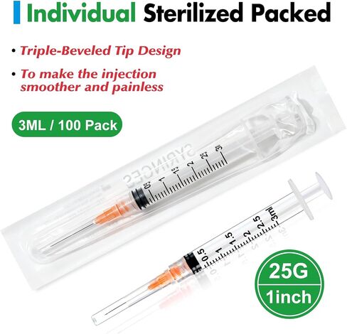 100 Pack 3ml Lab Syringes with 25Ga 1 Inch Needle Luer Lock, Individually Sealed Packed in Saudi Arabia