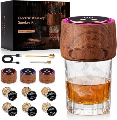 Electric Whiskey Smoker Kit - Rechargeable Cocktail Smoker with 6 Wood Chip Flavors - Smoke Infuser for Old Fashioned & Bourbon Cocktails - No Butane Needed - Father’s Day Gift for Men (Rich Oak) in Kuwait
