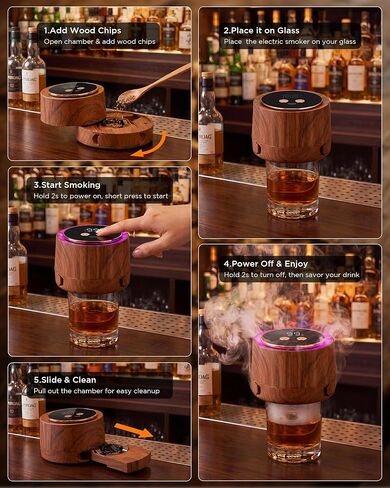 Electric Whiskey Smoker Kit - Rechargeable Cocktail Smoker with 6 Wood Chip Flavors - Smoke Infuser for Old Fashioned & Bourbon Cocktails - No Butane Needed - Father’s Day Gift for Men (Rich Oak) in Kuwait