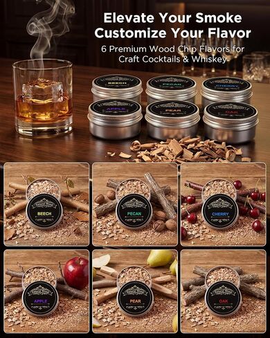 Electric Whiskey Smoker Kit - Rechargeable Cocktail Smoker with 6 Wood Chip Flavors - Smoke Infuser for Old Fashioned & Bourbon Cocktails - No Butane Needed - Father’s Day Gift for Men (Rich Oak) in Kuwait