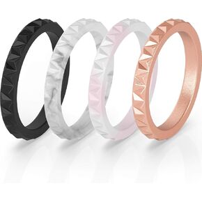 ThunderFit Thin Silicone Wedding Rings for Women - 4 Pack Triangle Diamond Stackable Rubber Engagement Bands- 2.8mm Width - 2mm Thickness