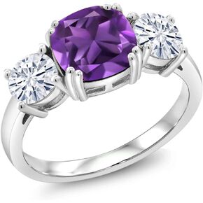 925 Sterling Silver Amethyst and Forever Classic Moissanite From Charles & Colvard 3 Stone Engagement Ring For Women (3.10 Cttw, Gemstone February Birthstone, Cushion 8MM, Available in Size 5,6,7,8,9)