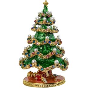 Christmas Tree Figurine Decor Trinket Jewelry Box Hinged Enameled Pearl Crystal Keepsake Christmas Gifts for Men, Women
