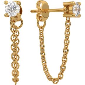 ELISE & DREW - 18k Gold Plated Stud with Chain, Cubic Zirconia, Stainless Steel, Gold Earrings for Women, Waterproof, Tarnish Free Earrings