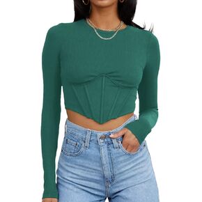 Kelyne Women Ribbed Long Sleeve Party Going Out Crop Tops for Women Cute Corset Cropped Sexy Fall Shirts