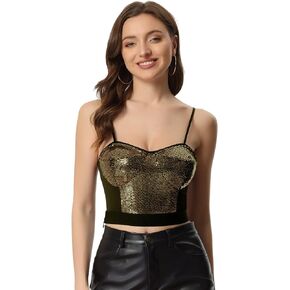 Allegra K Sequin Crop Top for Women's Spaghetti Strap Sexy Sweetheart Neck Party Cami Tops