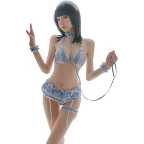 Womens Sexy Cosplay Lingerie Set Ruffle Baby Doll Teddy Outfit Bra an Pantie Nightie with Choker Anime Lace Babydoll