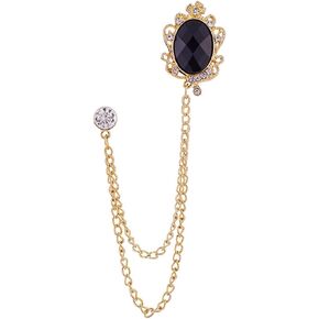 Vintage Gemstone Chain Brooch Pin,Rhinestone Long Chain Tassel Suit Pin Zircon Oval Gem Lapel Pin Jewelry for Women Men