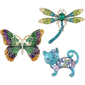 SELOVO 3 Pcs Rhinestone Enamel Brooch Pin Set Cute Blue Cat Butterfly Dragonfly Broach in Saudi Arabia