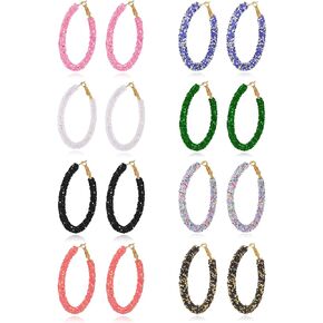 Akeoqi 8 Pairs Beaded Hoop Earrings Multicolor Shiny Glitter Sequins Hoops Boho Wrapped Gold Circle Rhinestone Statement Drop Dangle Earring Jewelry Set For Women 20G