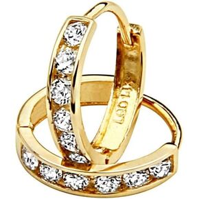 14k Yellow Gold 2mm Thickness CZ Channel Set Hoop Huggie Earrings - 3 Differnet Size Available