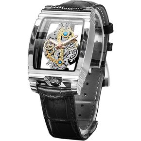 FORSINING Men's Luxury Hollow Skeleton Watch Retro Gorgeous Gear Carving Design Rectangle Tonneau Large Dial Leather Belt & Stainless Steel Band Quartz Wristwatch Not Mechanical Watches