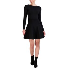 BCBGMAXAZRIA Women's Long Sleeve Boat Neck Fit and Flare Sweater Knit Mini Dress
