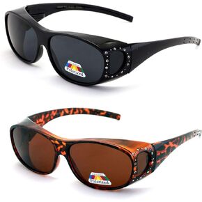 V.W.E. 2 Pairs Womens Polarized Fit Over Glasses Sunglasses Rhinestone Rectangular Frame Temple Heart